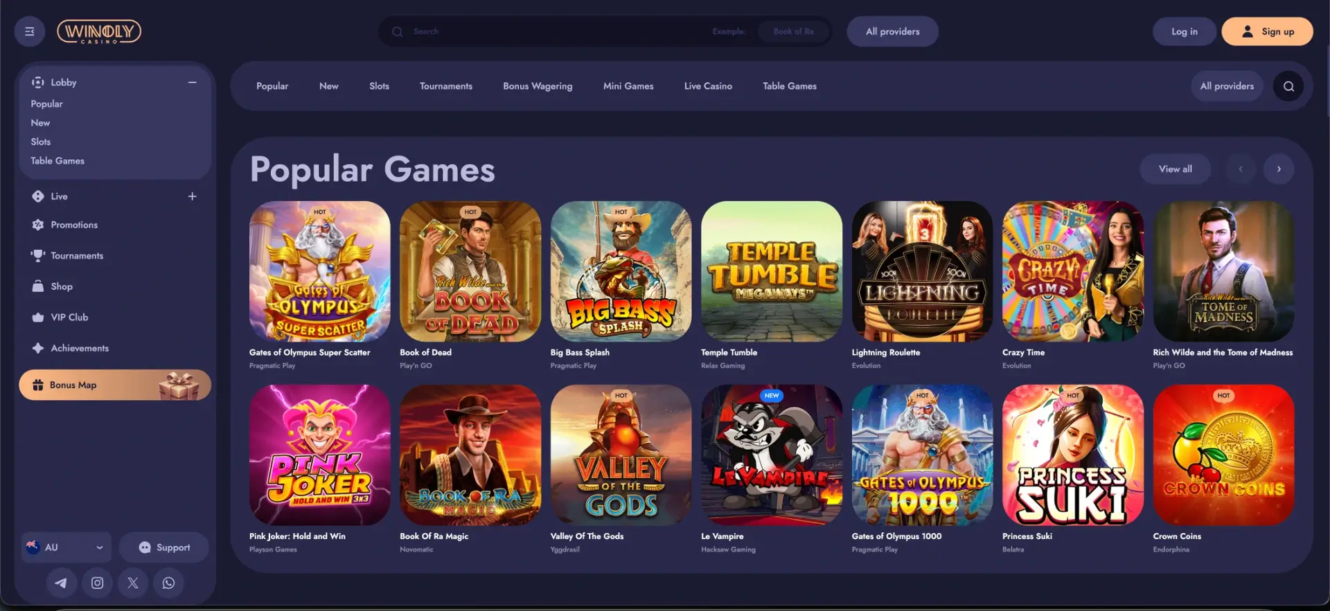 Popular games in the Winoly casino lobby