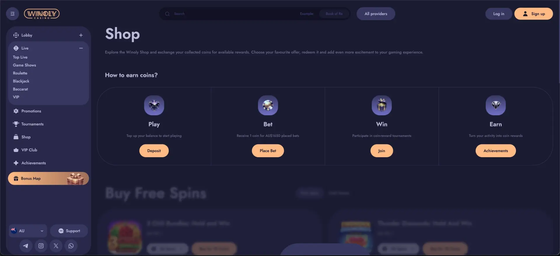 Winoly Shop rewards, coins and achievements