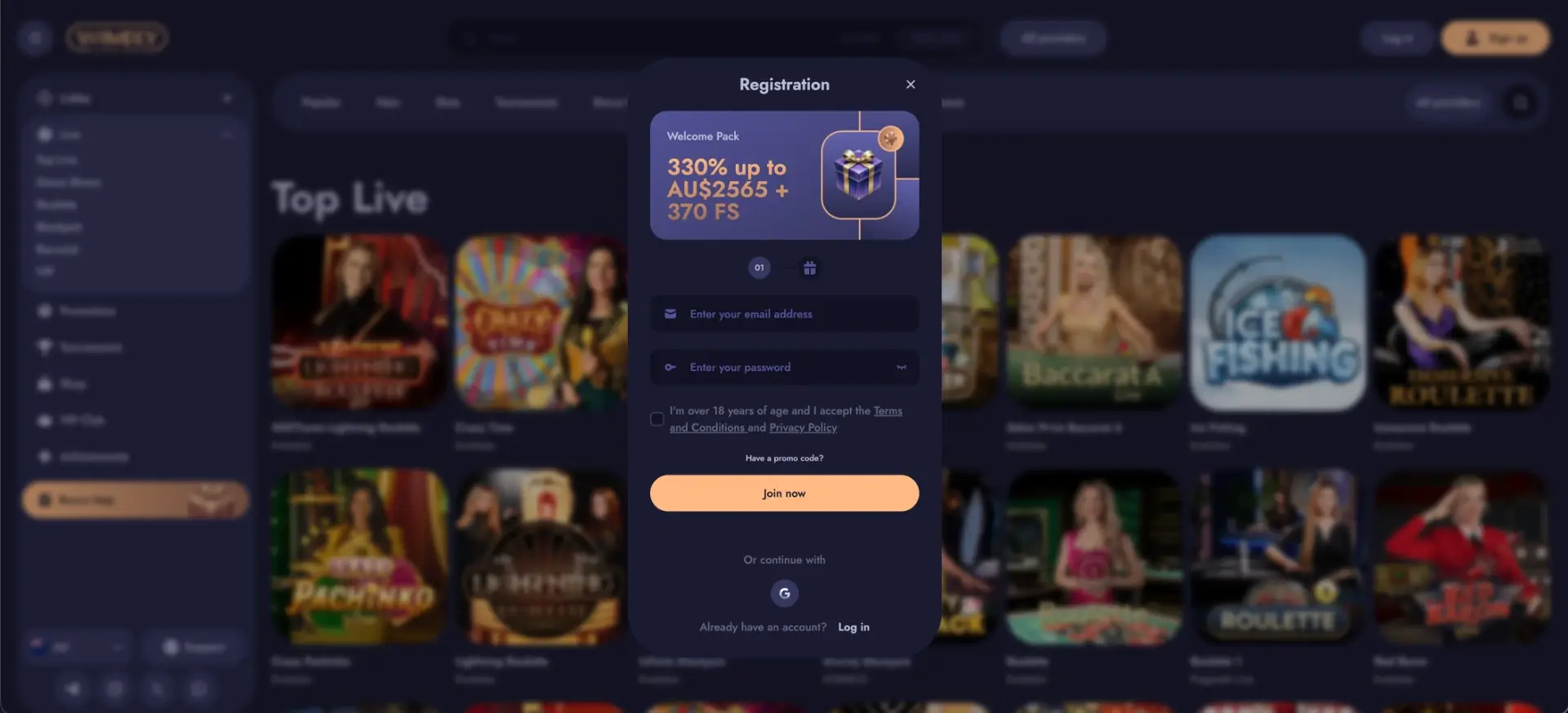 Winoly account sign-up form