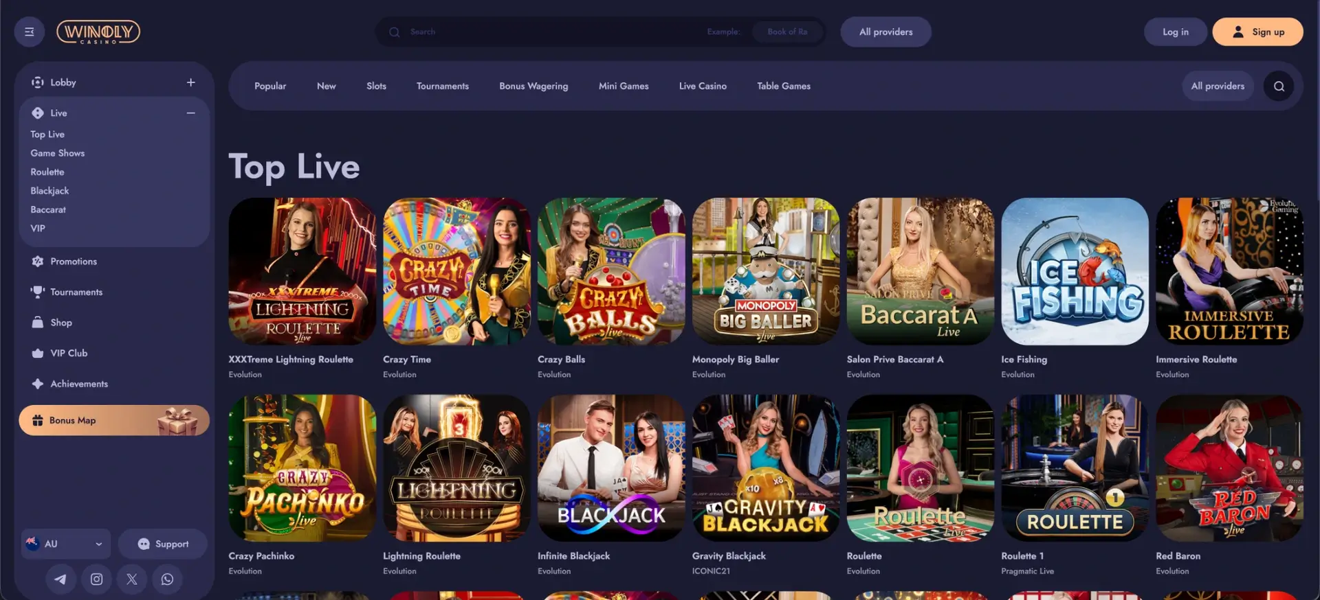 Top live casino games available at Winoly
